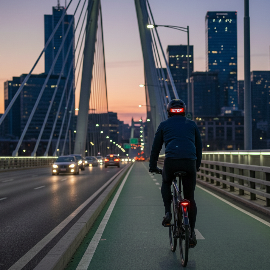 Cyclist with Rumble Lights red STOP brake alert on helmet riding on bridge bike lane next to city traffic at sunset