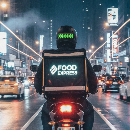 Food delivery rider with Rumble Lights green LED turn signal on helmet riding motorcycle through busy city traffic at night