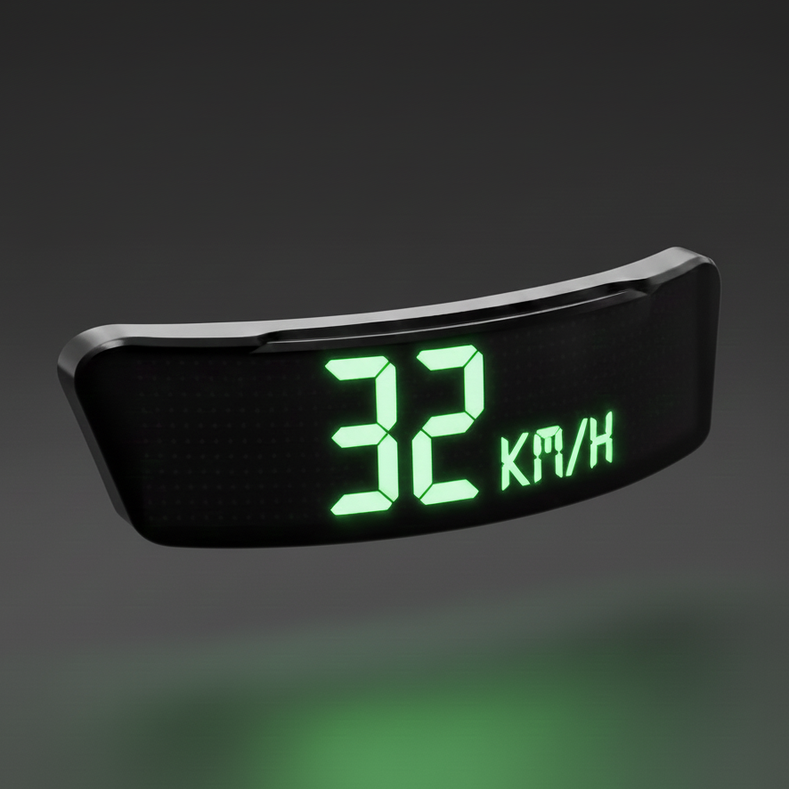 Rumble Lights smart helmet display showing live speed at 32 km/h with green LED screen