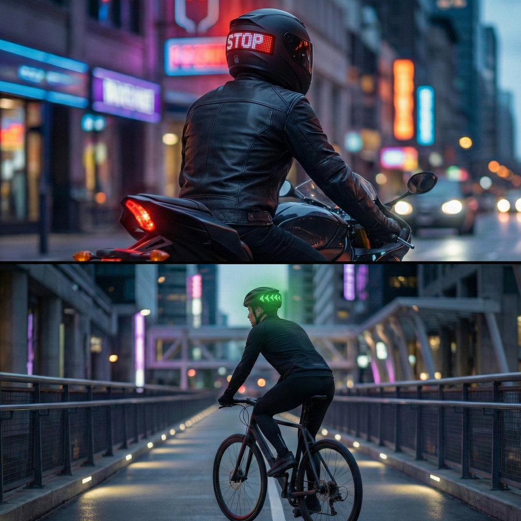 Motorcycle rider with Rumble Lights STOP brake alert on helmet and cyclist with green LED turn signal riding in city at night