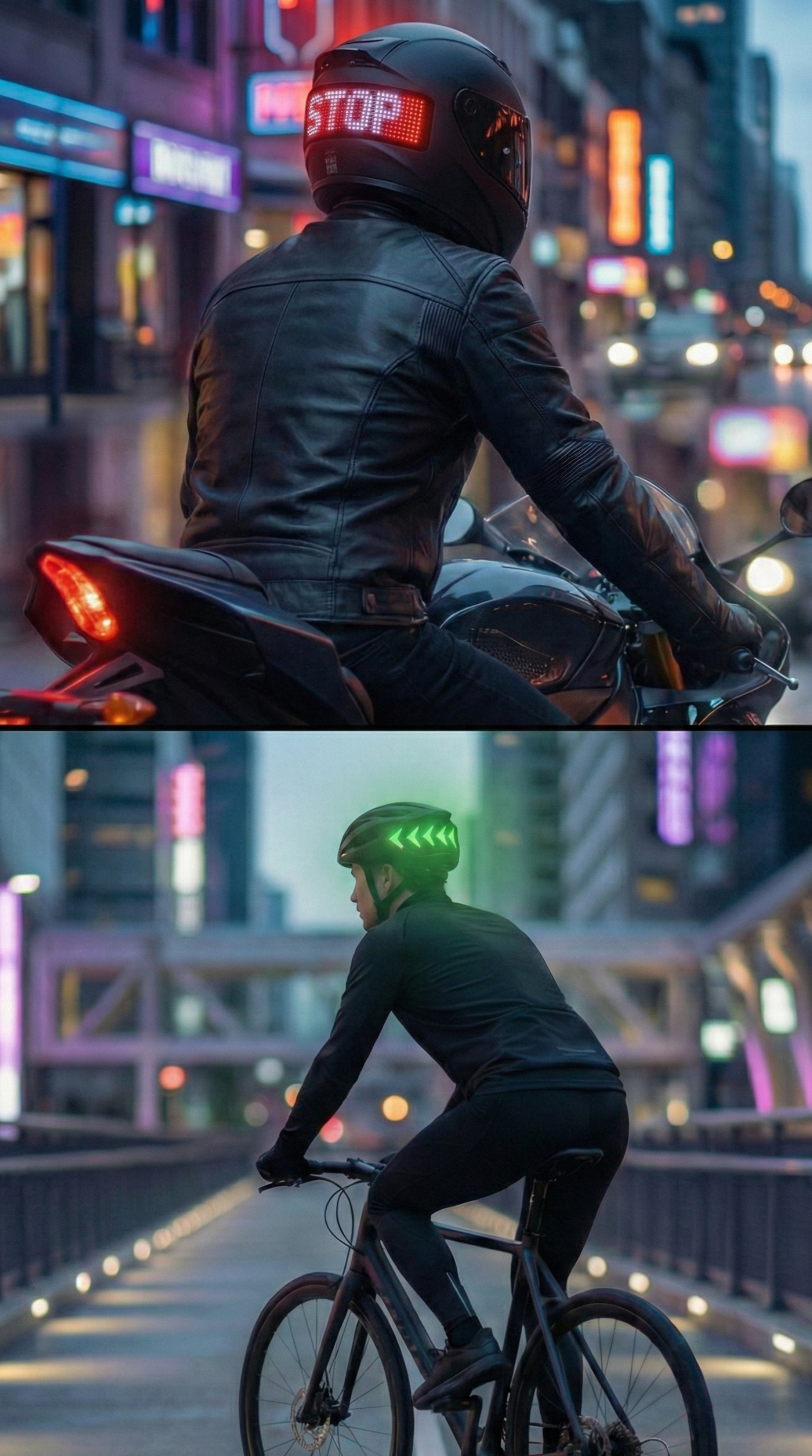 Motorcycle rider with Rumble Lights red STOP brake alert and cyclist with green LED turn signal riding in city at night