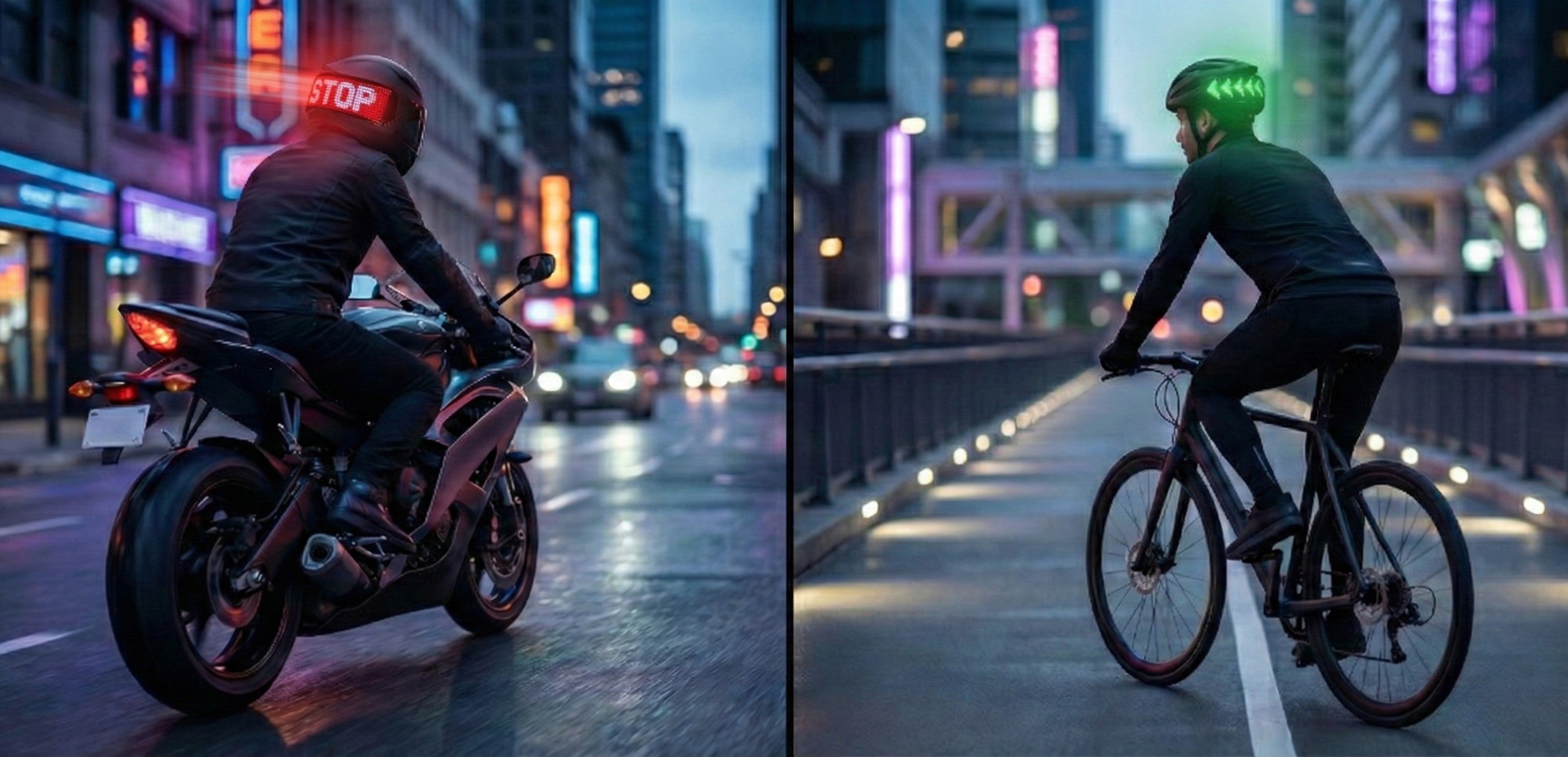 Motorcycle rider with Rumble Lights red STOP brake alert and cyclist with green LED turn signal riding in city at night