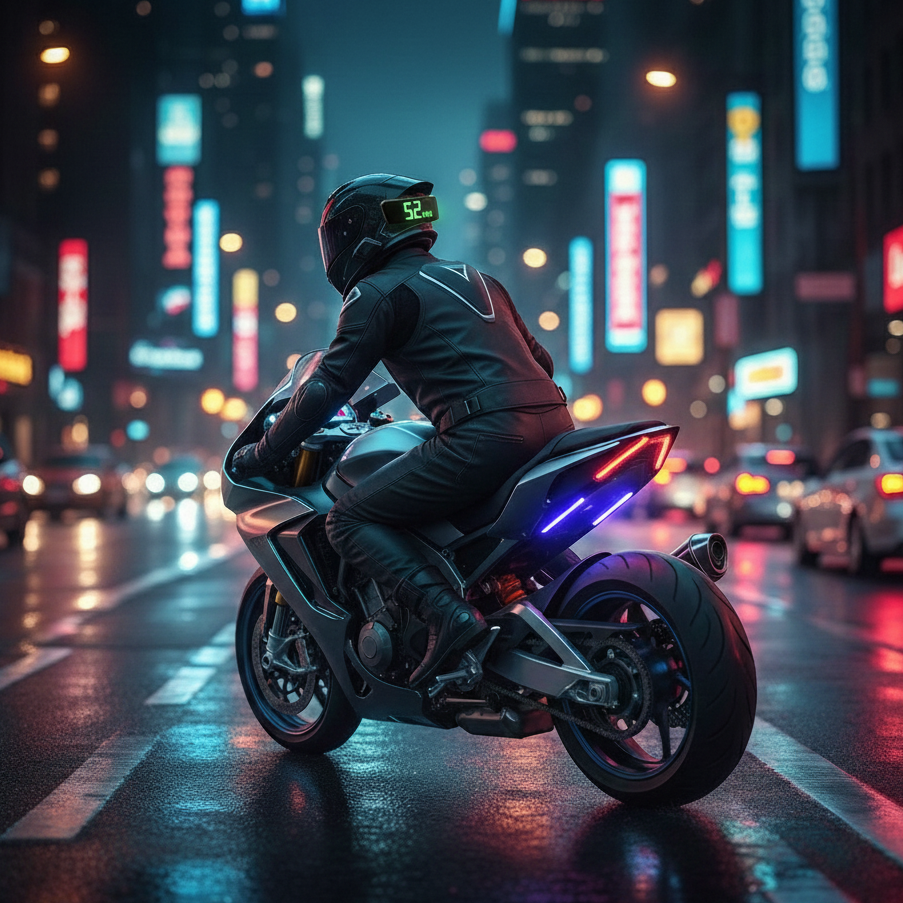 Motorcycle rider with Rumble Lights helmet speed display showing 52 km/h riding in rainy city at night