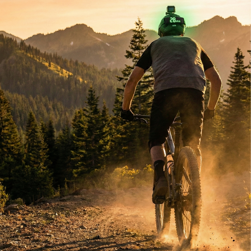 Mountain biker with Rumble Lights helmet LED speed display showing 28 km/h riding dusty trail at sunset