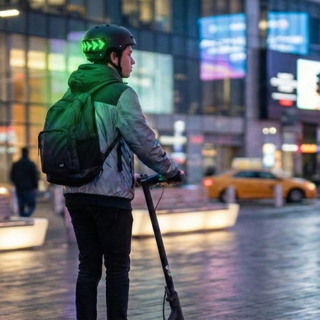 Scooter rider wearing helmet with Rumble Lights green LED turn signal arrows in city at night