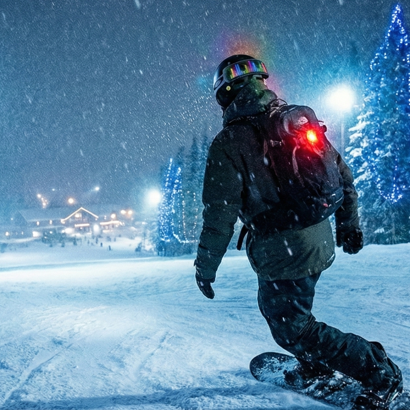 Snowboarder with Rumble Lights helmet LED display showing music reactive rainbow animation riding snowy slope at night